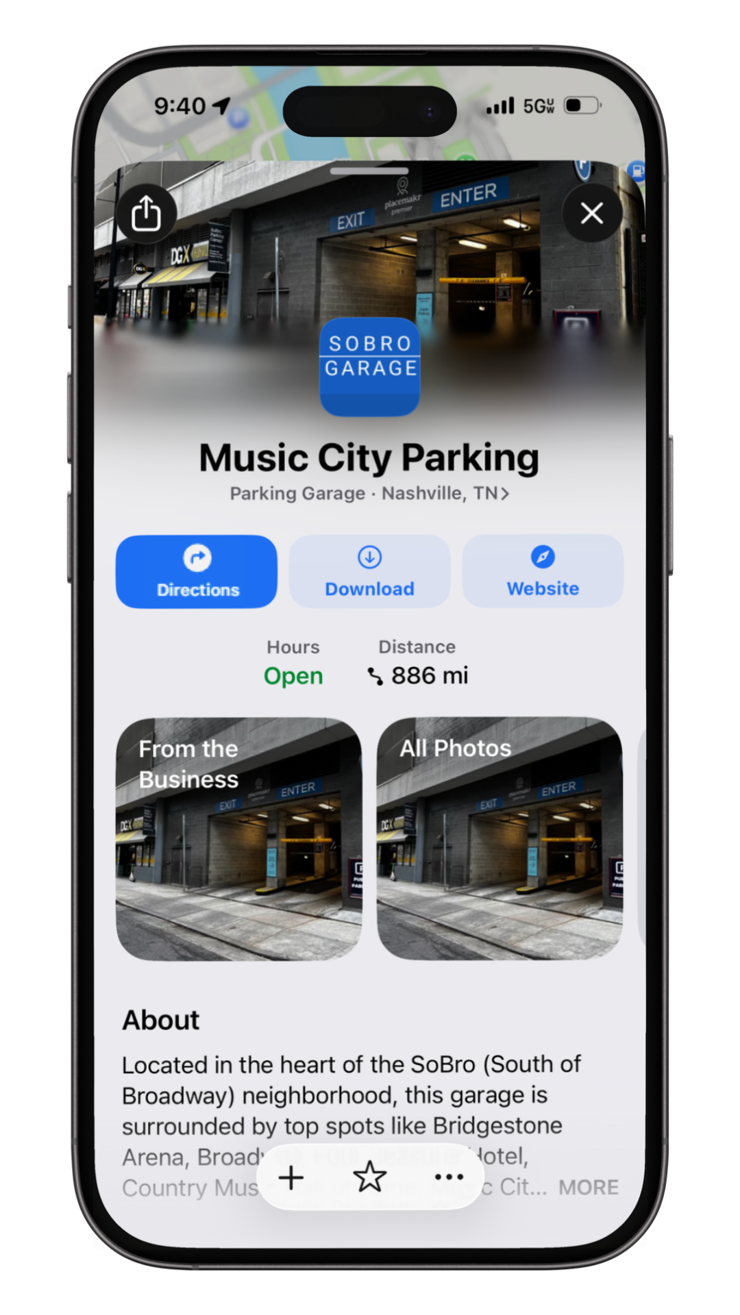 Apple Maps place card for a parking facility