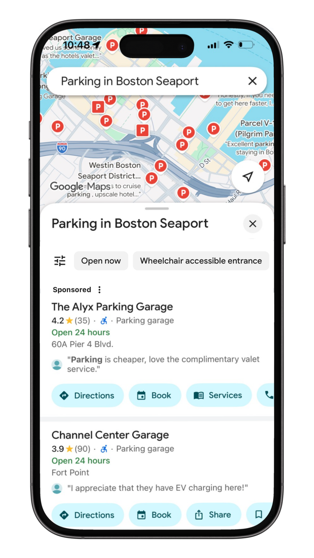 Google Maps sponsored parking listing
