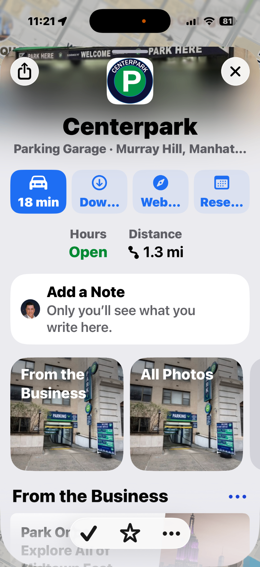 Apple Maps place card for Centerpark parking facility